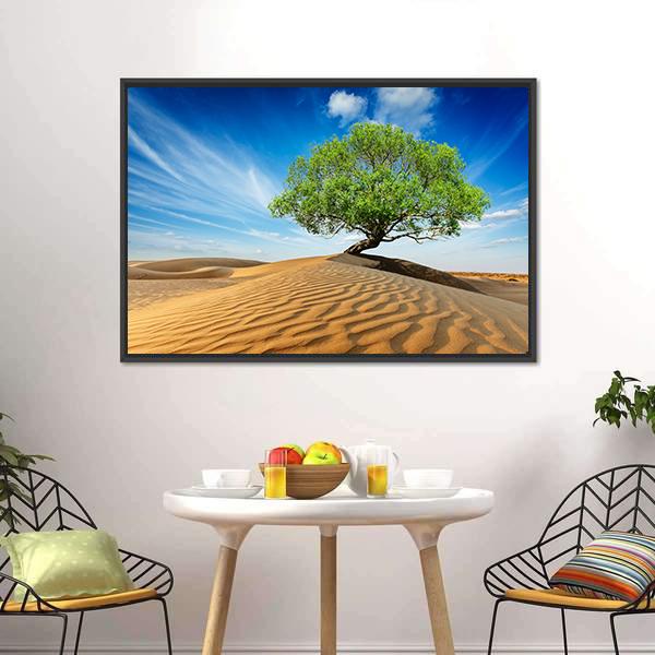 Green Tree In Desert Canvas Wall Art-3 Horizontal-Gallery Wrap-25" x 16"-Tiaracle