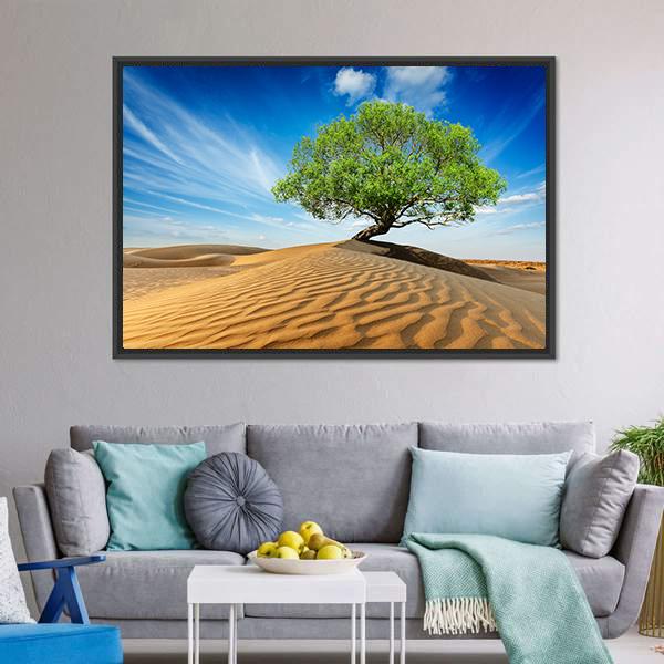 Green Tree In Desert Canvas Wall Art-5 Horizontal-Gallery Wrap-22" x 12"-Tiaracle