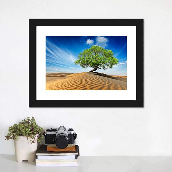 Green Tree In Desert Canvas Wall Art-1 Piece-Framed Print-20" x 16"-Tiaracle