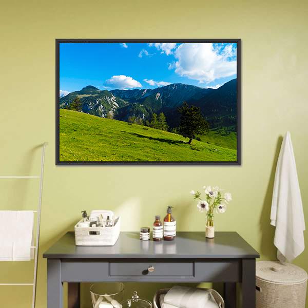 Green Tree On Field Canvas Wall Art-1 Piece-Floating Frame-24" x 16"-Tiaracle