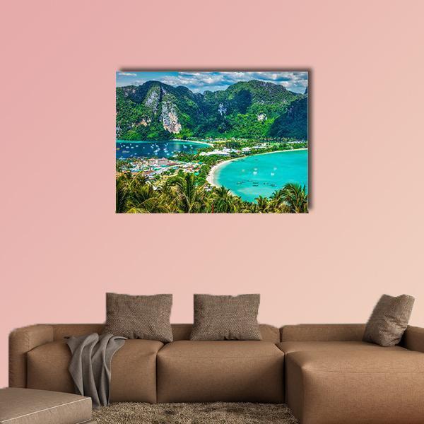 Tropical Island Bay Aerial View Canvas Wall Art in green and blue, single panel hung on a wall