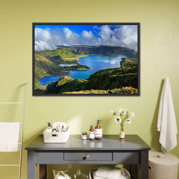 Caldera Lakes Over Lush Green Hills Canvas Wall Art in white, green and blue, framed canvas, product view on a white background