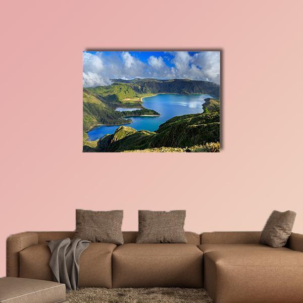 Caldera Lakes Over Lush Green Hills Canvas Wall Art in white, green and blue, single panel hung on a wall