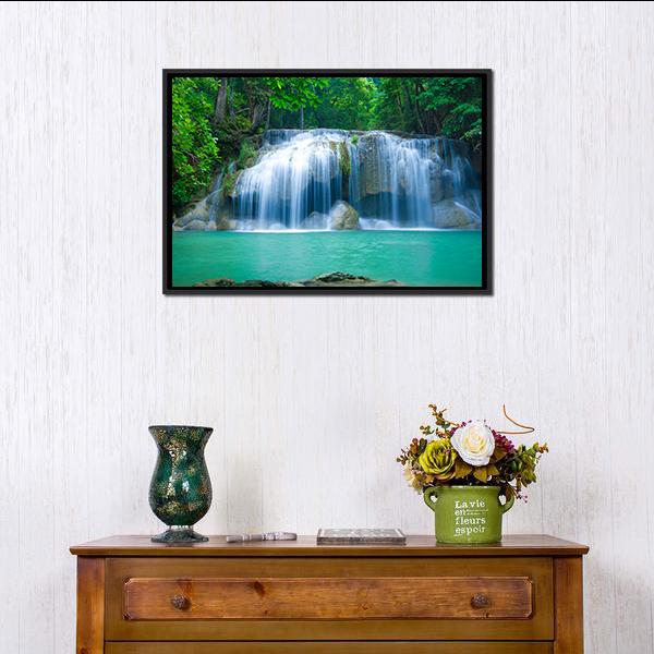 Green Waterfall Canvas Wall Art-1 Piece-Floating Frame-24" x 16"-Tiaracle