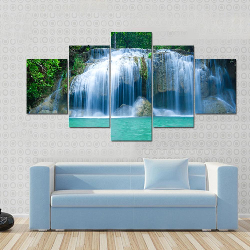 Green Waterfall Canvas Wall Art-5 Pop-Gallery Wrap-47" x 32"-Tiaracle