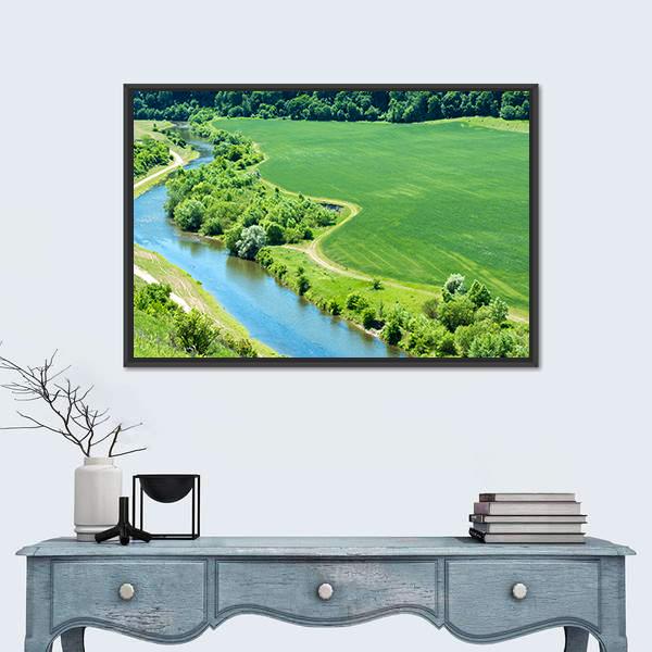 Green Wheat Field With Canal Canvas Wall Art-1 Piece-Floating Frame-24" x 16"-Tiaracle