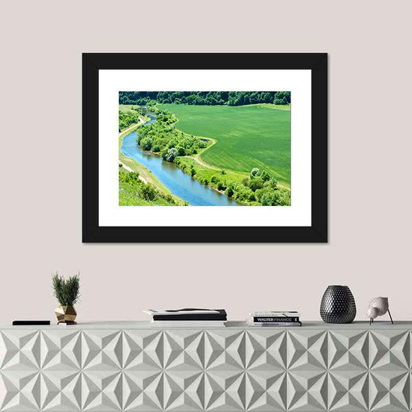 Green Wheat Field With Canal Canvas Wall Art-1 Piece-Framed Print-20" x 16"-Tiaracle
