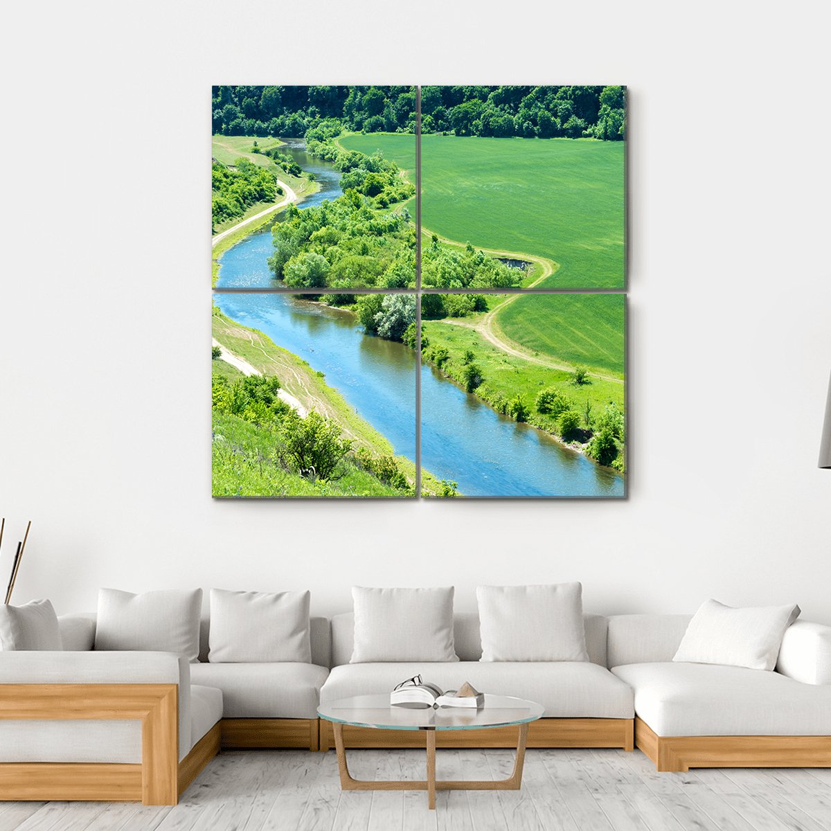 Green Wheat Field With Canal Canvas Wall Art-4 Square-Gallery Wrap-17" x 17"-Tiaracle