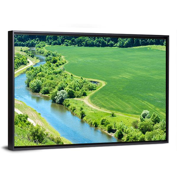 Green Wheat Field With Canal Canvas Wall Art-3 Horizontal-Gallery Wrap-25" x 16"-Tiaracle