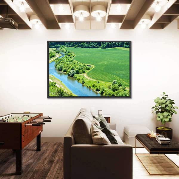 Green Wheat Field With Canal Canvas Wall Art-3 Horizontal-Gallery Wrap-25" x 16"-Tiaracle
