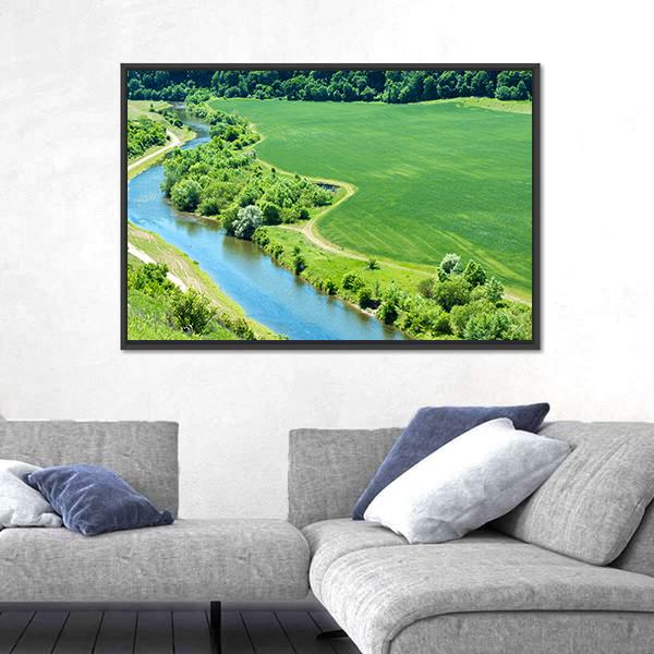 Green Wheat Field With Canal Canvas Wall Art-3 Horizontal-Gallery Wrap-25" x 16"-Tiaracle