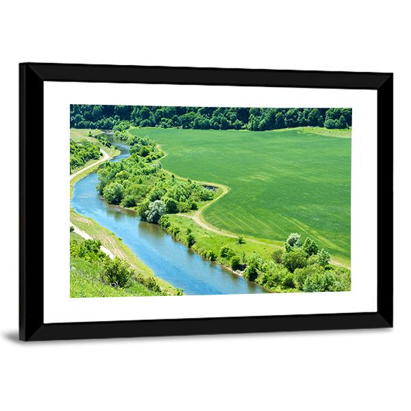 Green Wheat Field With Canal Canvas Wall Art-3 Horizontal-Gallery Wrap-25" x 16"-Tiaracle