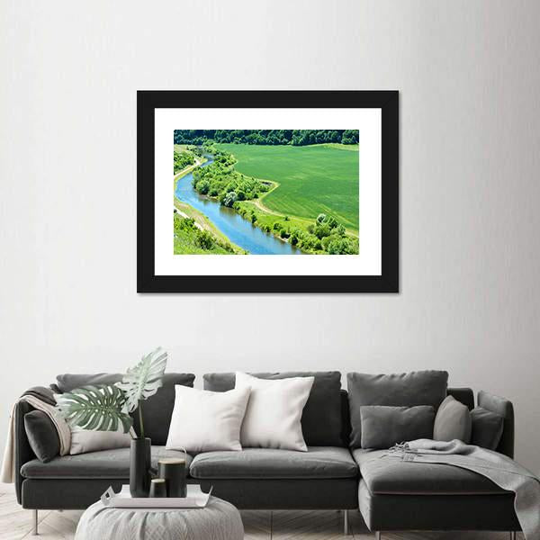 Green Wheat Field With Canal Canvas Wall Art-3 Horizontal-Gallery Wrap-25" x 16"-Tiaracle
