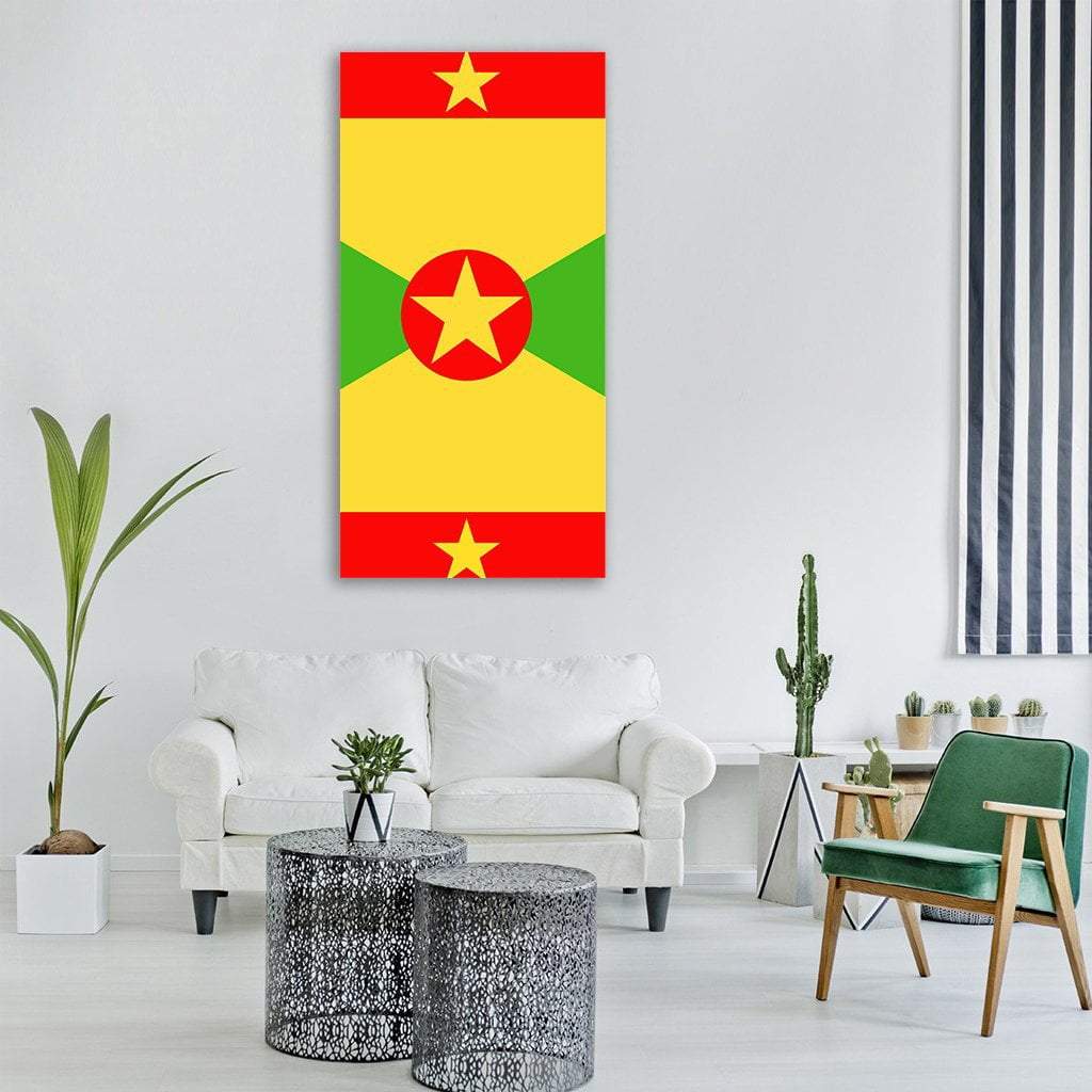Grenada Flag Vertical Canvas Wall Art in red, yellow and green, single vertical panel hung on a wall
