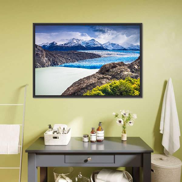 Grey Glacier in Chile Canvas Wall Art in white, gray and blue, framed canvas, product view on a white background