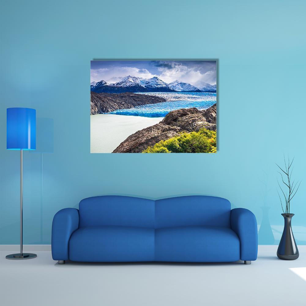 Grey Glacier in Chile Canvas Wall Art in white, gray and blue, single panel hung on a wall