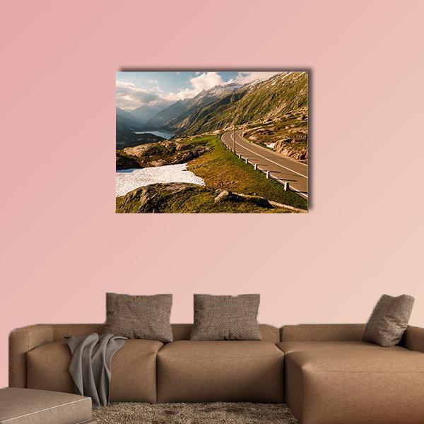 Grimselpass Winding Mountain Road Canvas Wall Art in gray, brown and green, single panel hung on a wall