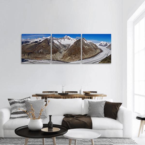 Grosser Aletsch Glacier Alpine Landscape Panoramic Canvas Wall Art in white, brown and blue, hung on a wall
