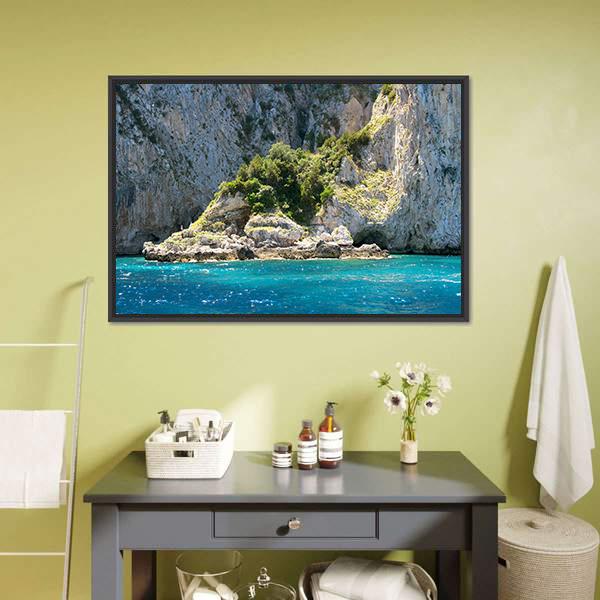 Grotto In Capri With Crystal Blue Water Canvas Wall Art-1 Piece-Floating Frame-24" x 16"-Tiaracle