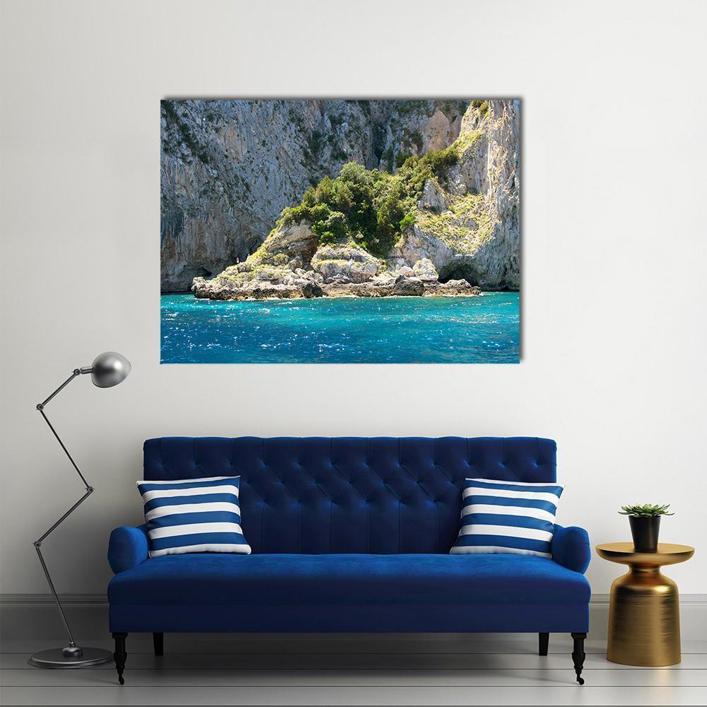 Capri Grotto with Crystal Blue Water Canvas Wall Art in gray, green and blue, single panel hung on a wall