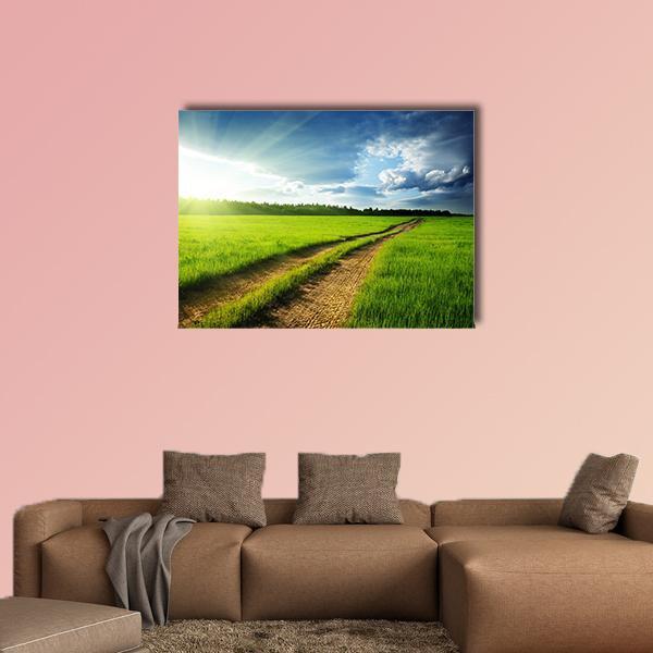 Sunlit Dirt Road Through Green Field Canvas Wall Art in brown, green and blue, single panel hung on a wall