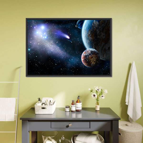 Group Of Comets Of Space Attacks Peace Planets Canvas Wall Art-1 Piece-Floating Frame-24" x 16"-Tiaracle