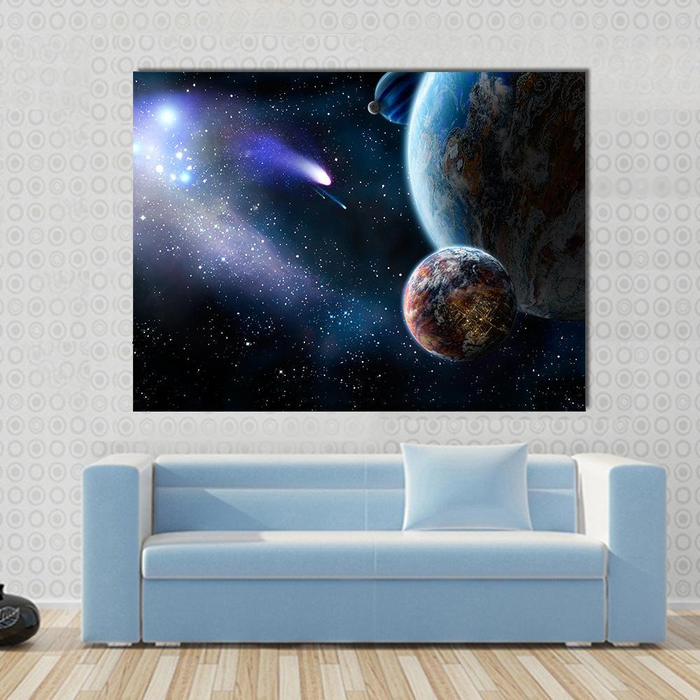 Group of Comets Attacking Peaceful Planets Canvas Wall Art in black, blue and purple, single panel hung on a wall