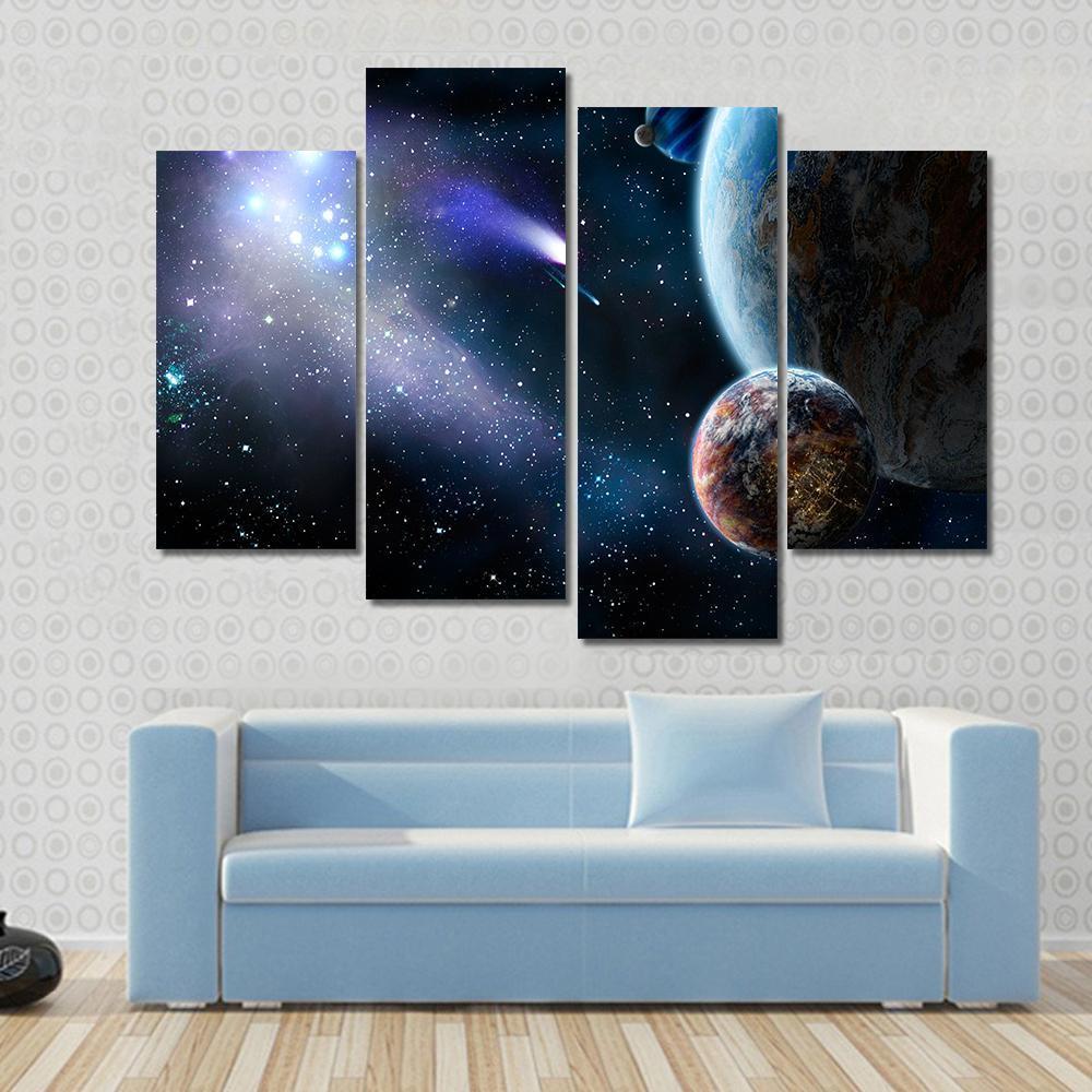 Group Of Comets Of Space Attacks Peace Planets Canvas Wall Art-4 Pop-Gallery Wrap-50" x 32"-Tiaracle