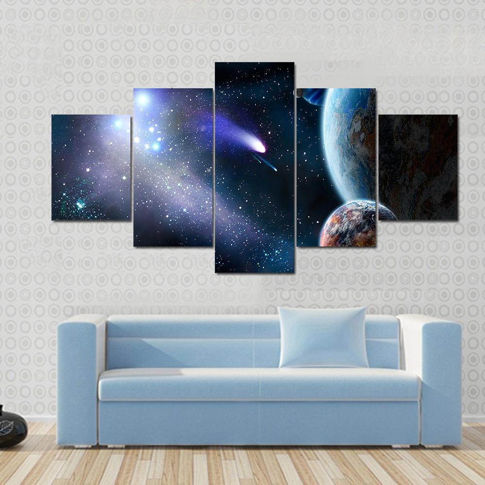 Group Of Comets Of Space Attacks Peace Planets Canvas Wall Art-5 Star-Gallery Wrap-62" x 32"-Tiaracle