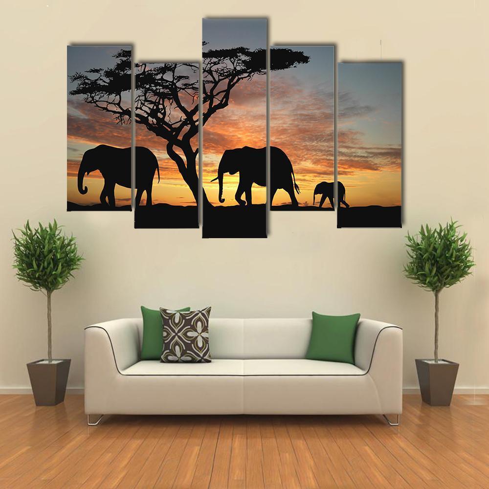 Group Of Elephant Africa Canvas Wall Art-5 Pop-Gallery Wrap-47" x 32"-Tiaracle