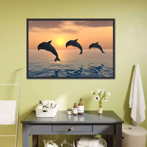 Group Of Jumping Dolphins Canvas Wall Art-1 Piece-Floating Frame-24" x 16"-Tiaracle