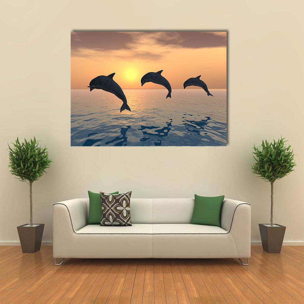 Group Of Jumping Dolphins Canvas Wall Art-1 Piece-Gallery Wrap-48" x 32"-Tiaracle