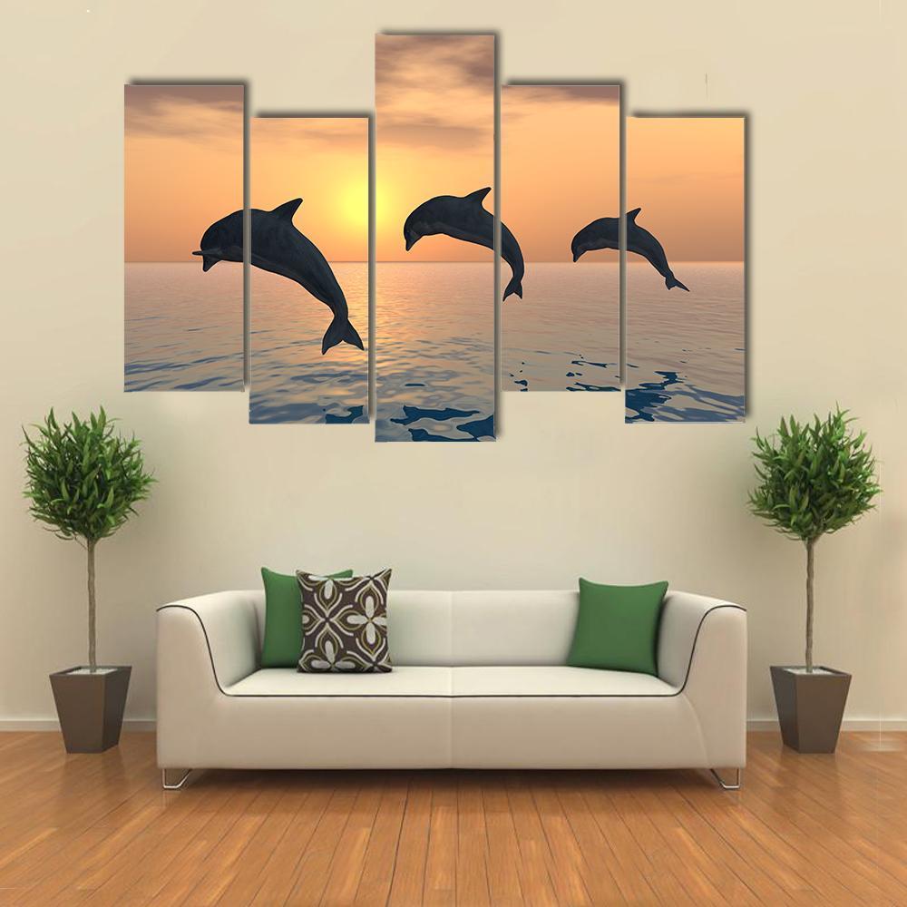 Group Of Jumping Dolphins Canvas Wall Art-5 Pop-Gallery Wrap-47" x 32"-Tiaracle