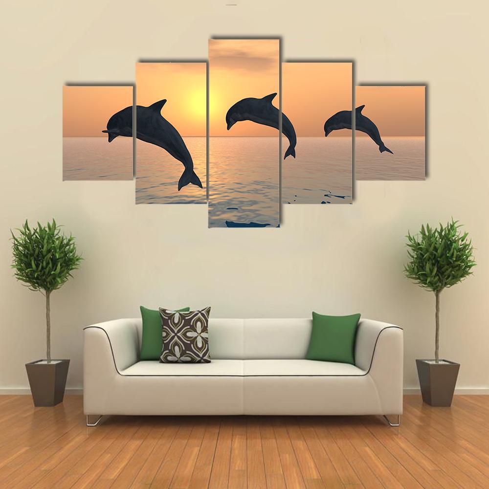 Group Of Jumping Dolphins Canvas Wall Art-5 Star-Gallery Wrap-62" x 32"-Tiaracle