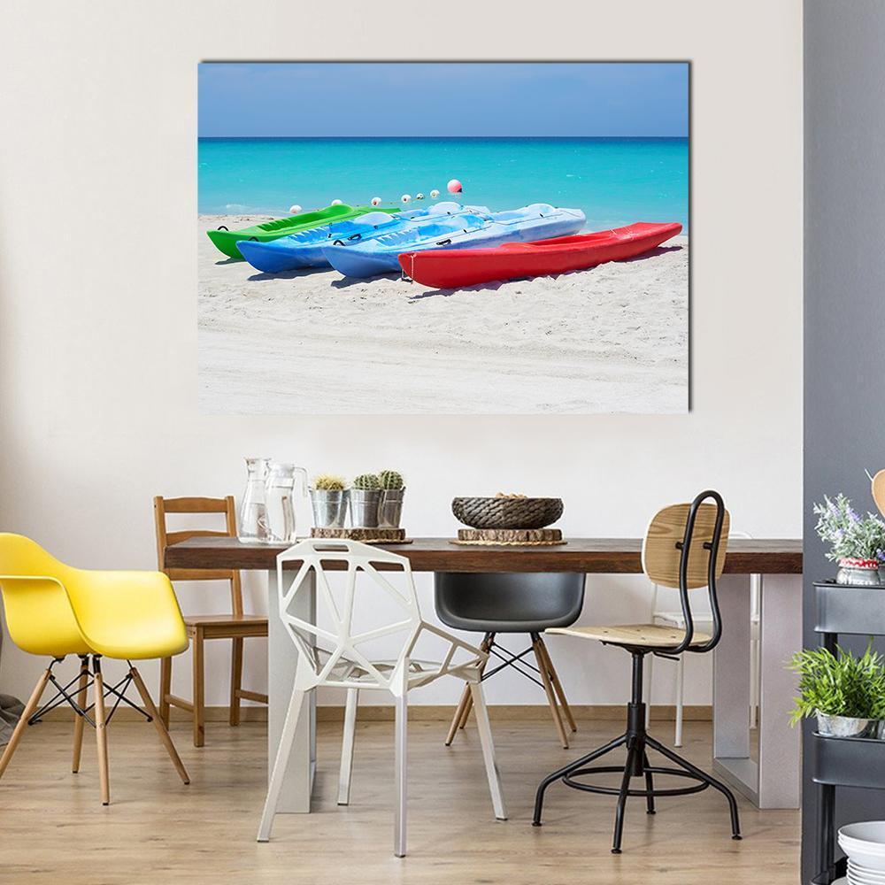 Kayaks On Beach Canvas Wall Art-5 Horizontal-Gallery Wrap-22" x 12"-Tiaracle