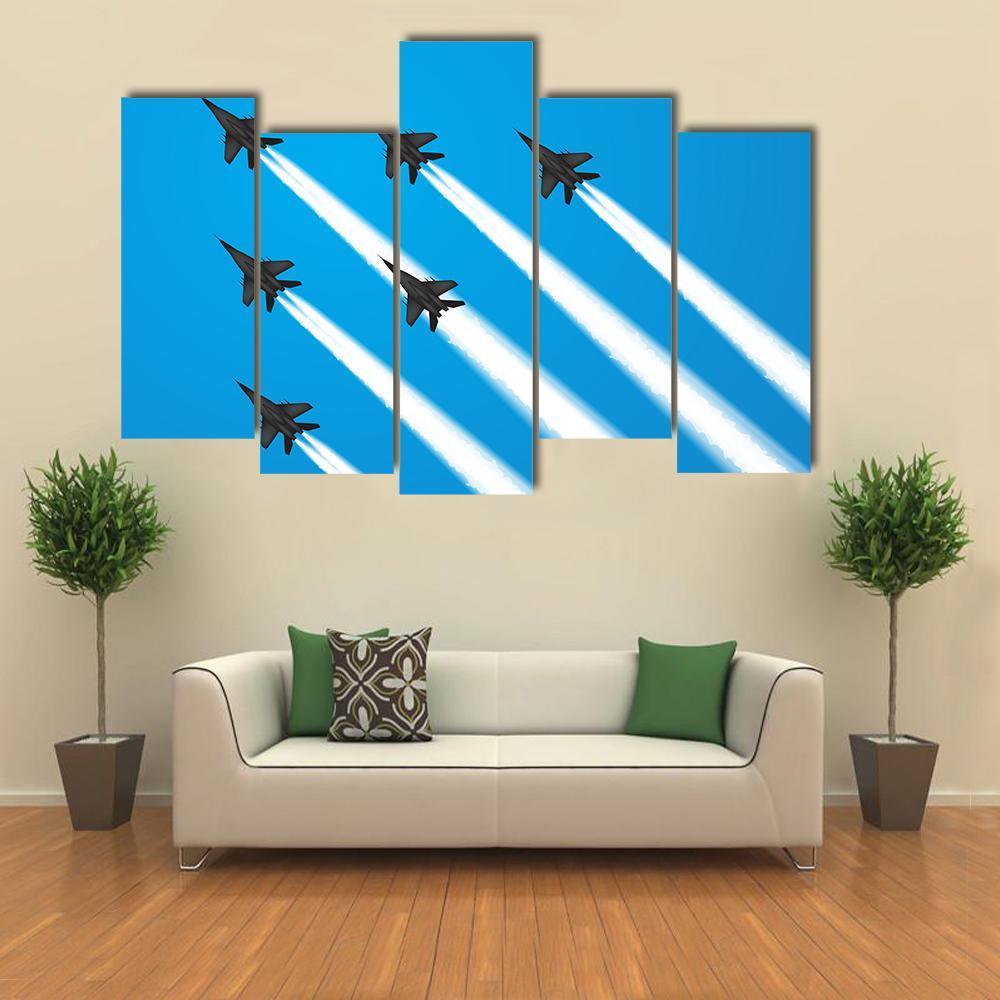 Group Of Military Fighter Jets Canvas Wall Art-5 Pop-Gallery Wrap-47" x 32"-Tiaracle