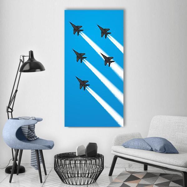Five Fighter Jets in Formation Vertical Canvas Wall Art in white and blue, single vertical panel hung on a wall