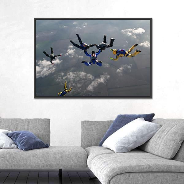 Group Of Parachutists In Air Canvas Wall Art-1 Piece-Floating Frame-24" x 16"-Tiaracle