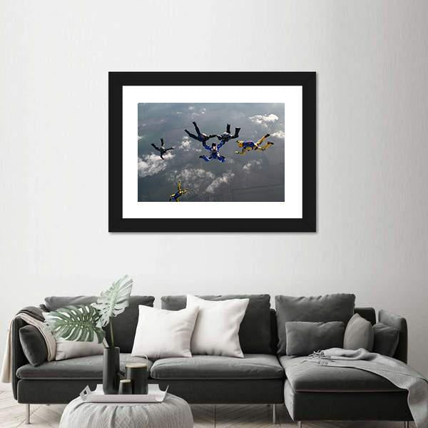 Group Of Parachutists In Air Canvas Wall Art-1 Piece-Framed Print-20" x 16"-Tiaracle