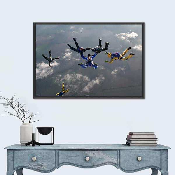 Group Of Parachutists In Air Panoramic Canvas Wall Art-1 Piece-36" x 12"-Tiaracle