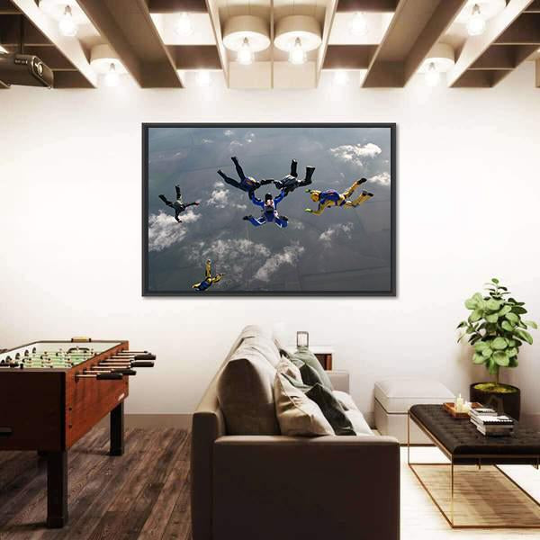 Group Of Parachutists In Air Panoramic Canvas Wall Art-1 Piece-36" x 12"-Tiaracle