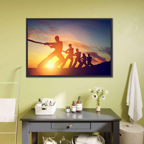 Group Of People Pulling Line Canvas Wall Art-1 Piece-Floating Frame-24" x 16"-Tiaracle