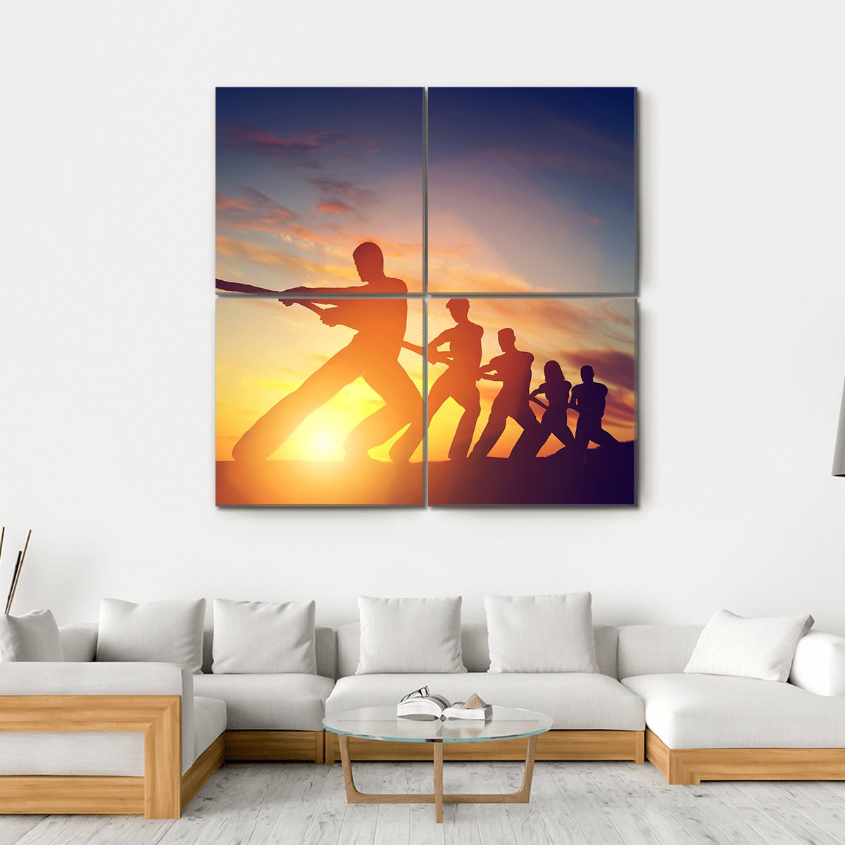 Group Of People Pulling Line Canvas Wall Art-4 Square-Gallery Wrap-17" x 17"-Tiaracle