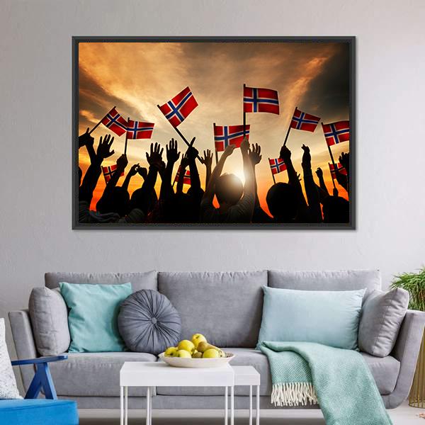 Group Of People Waving Norwegian Flags Panoramic Canvas Wall Art-1 Piece-36" x 12"-Tiaracle