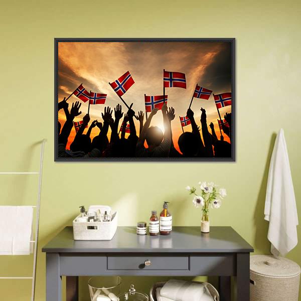 Group Of People Waving Norwegian Flags Panoramic Canvas Wall Art-1 Piece-36" x 12"-Tiaracle