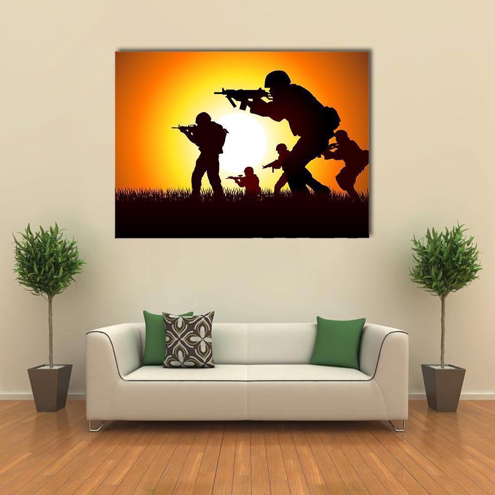 Soldiers Silhouette at Sunset Canvas Wall Art in black, orange and yellow, single panel hung on a wall