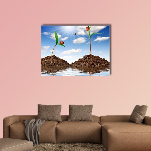 Two Sprouting Plants with Ladybugs Canvas Wall Art in white, brown and blue, single panel hung on a wall