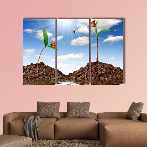 Growing Plant With Ladybugs Canvas Wall Art-3 Horizontal-Gallery Wrap-25" x 16"-Tiaracle