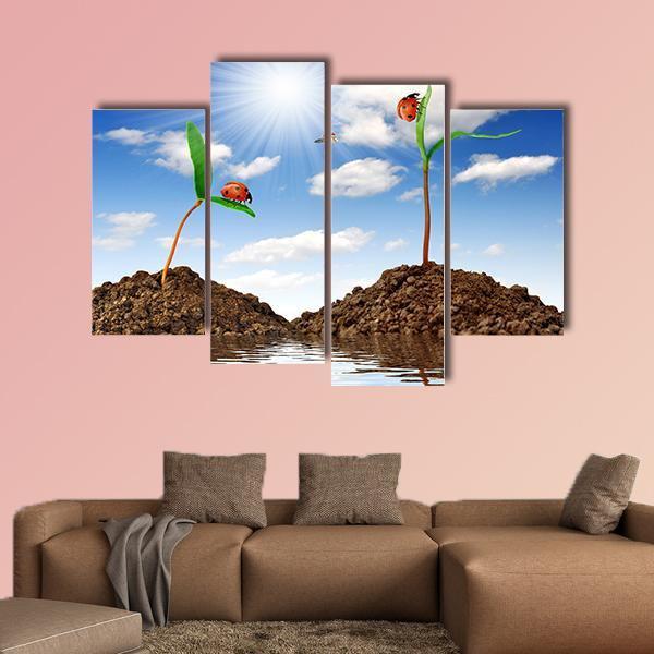 Growing Plant With Ladybugs Canvas Wall Art-4 Pop-Gallery Wrap-50" x 32"-Tiaracle