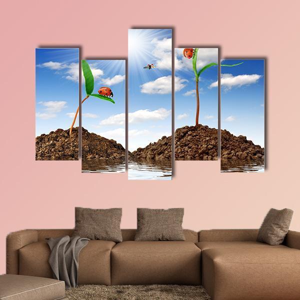 Growing Plant With Ladybugs Canvas Wall Art-5 Pop-Gallery Wrap-47" x 32"-Tiaracle